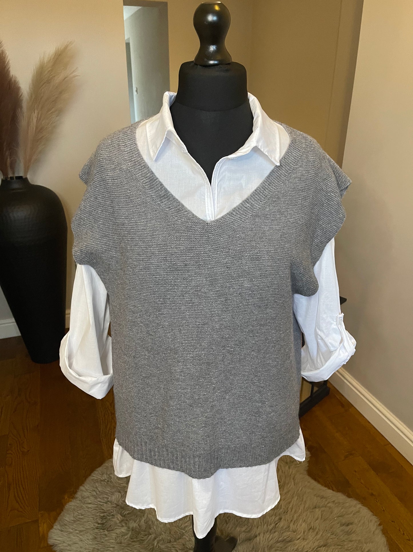 Knit Vest Top & Shirt - Grey