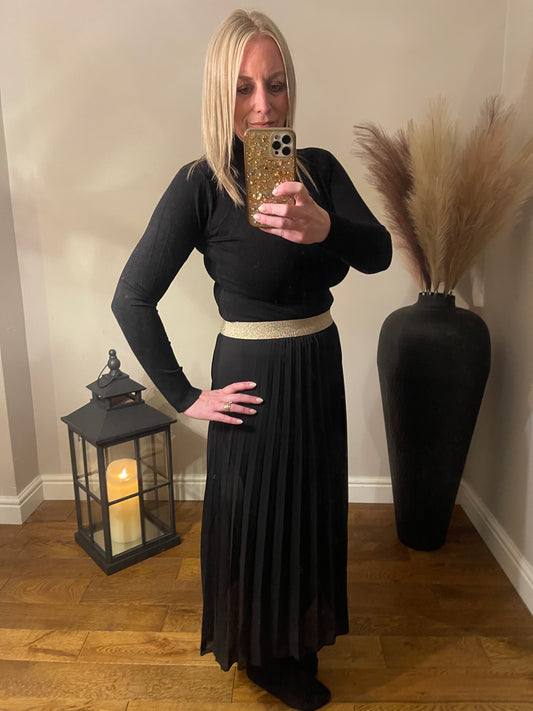 Gold Band Pleated Skirt - Black