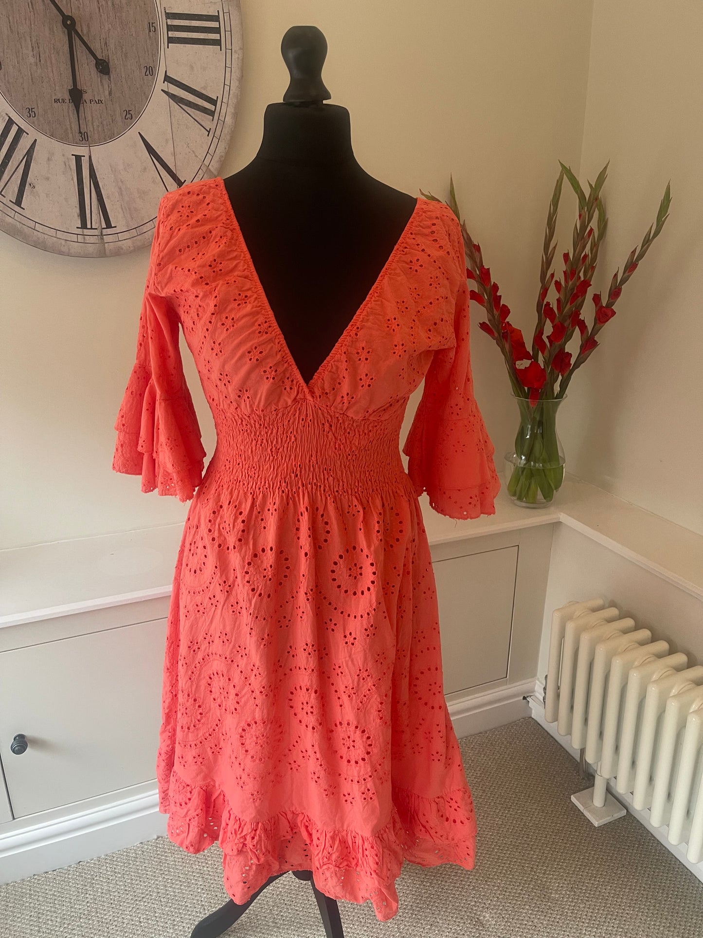 Embroidered Midi Dress - Coral